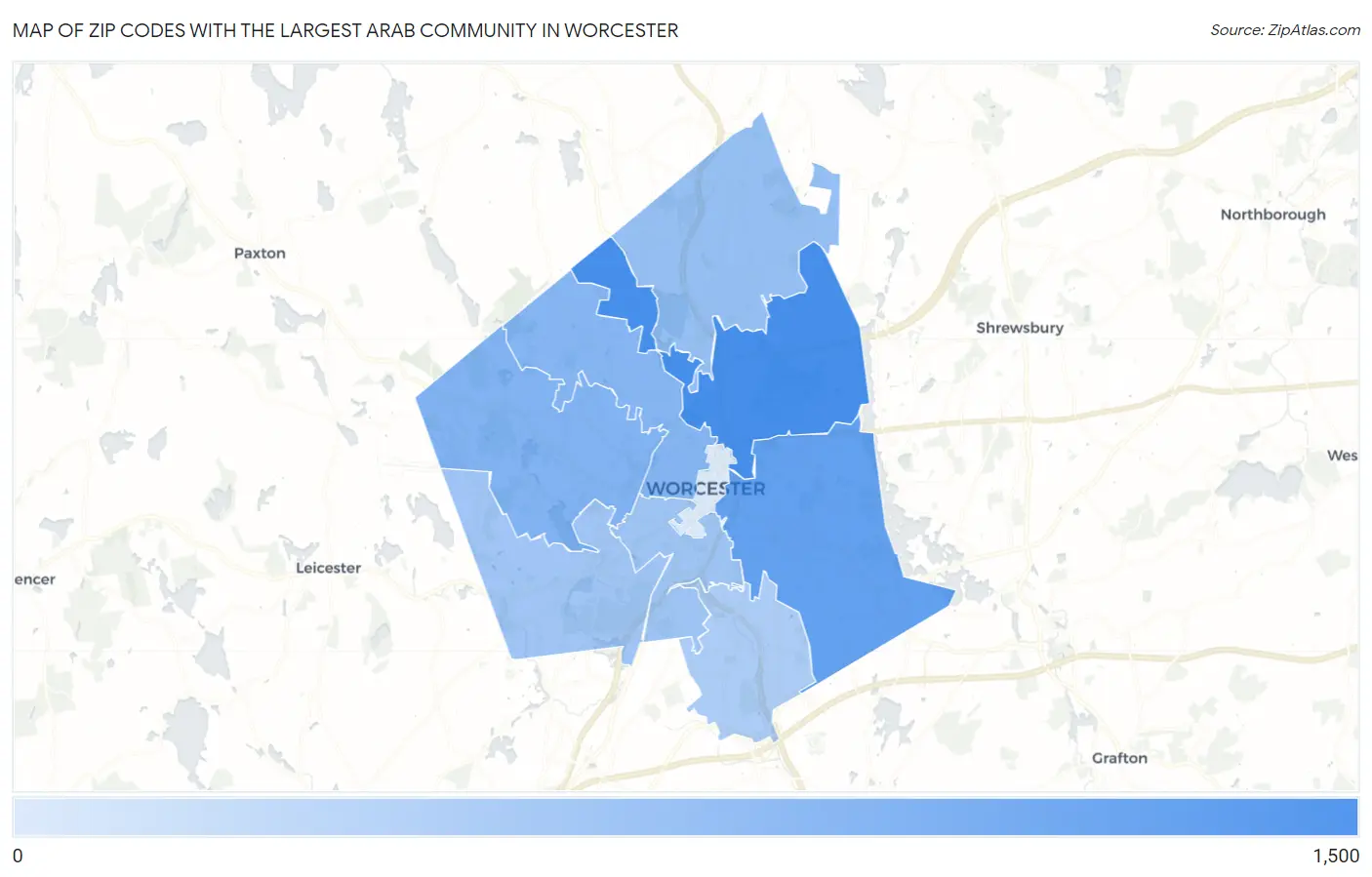 Zip Codes with the Largest Arab Community in Worcester Map