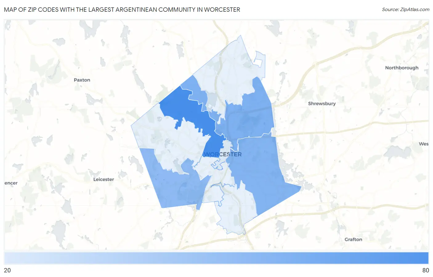 Zip Codes with the Largest Argentinean Community in Worcester Map