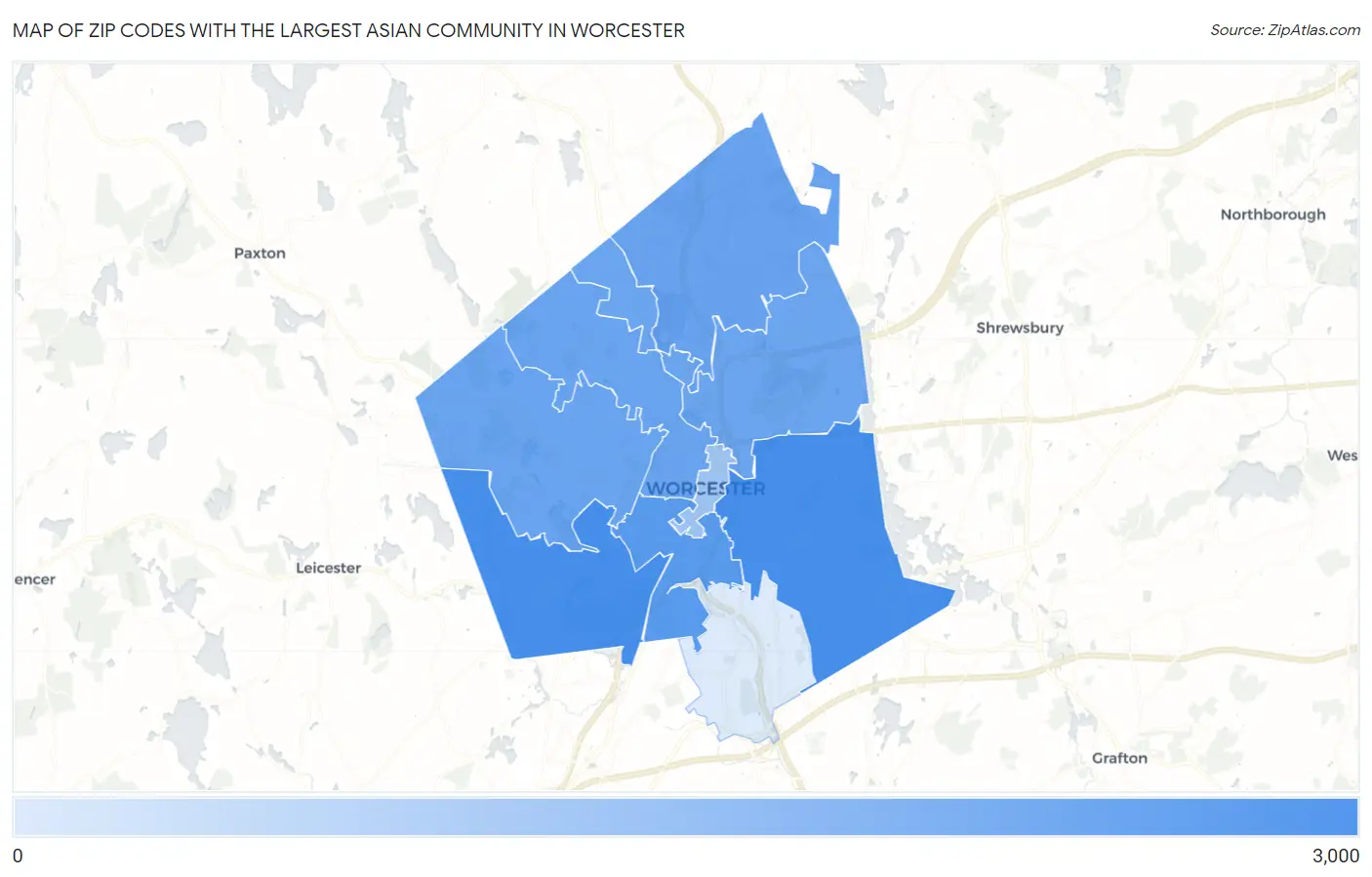 Zip Codes with the Largest Asian Community in Worcester Map
