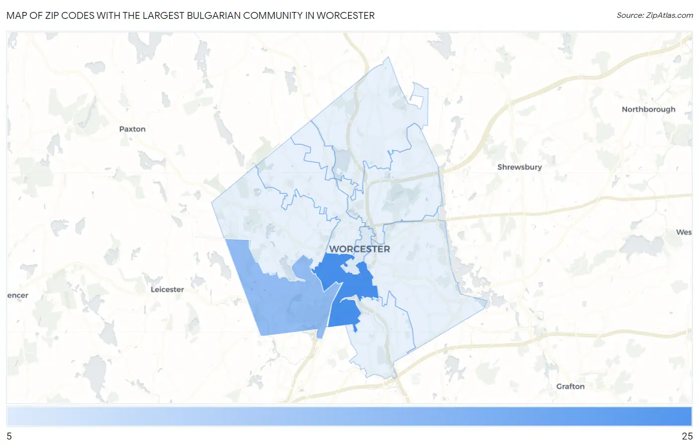 Zip Codes with the Largest Bulgarian Community in Worcester Map