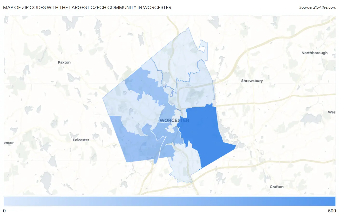 Zip Codes with the Largest Czech Community in Worcester Map