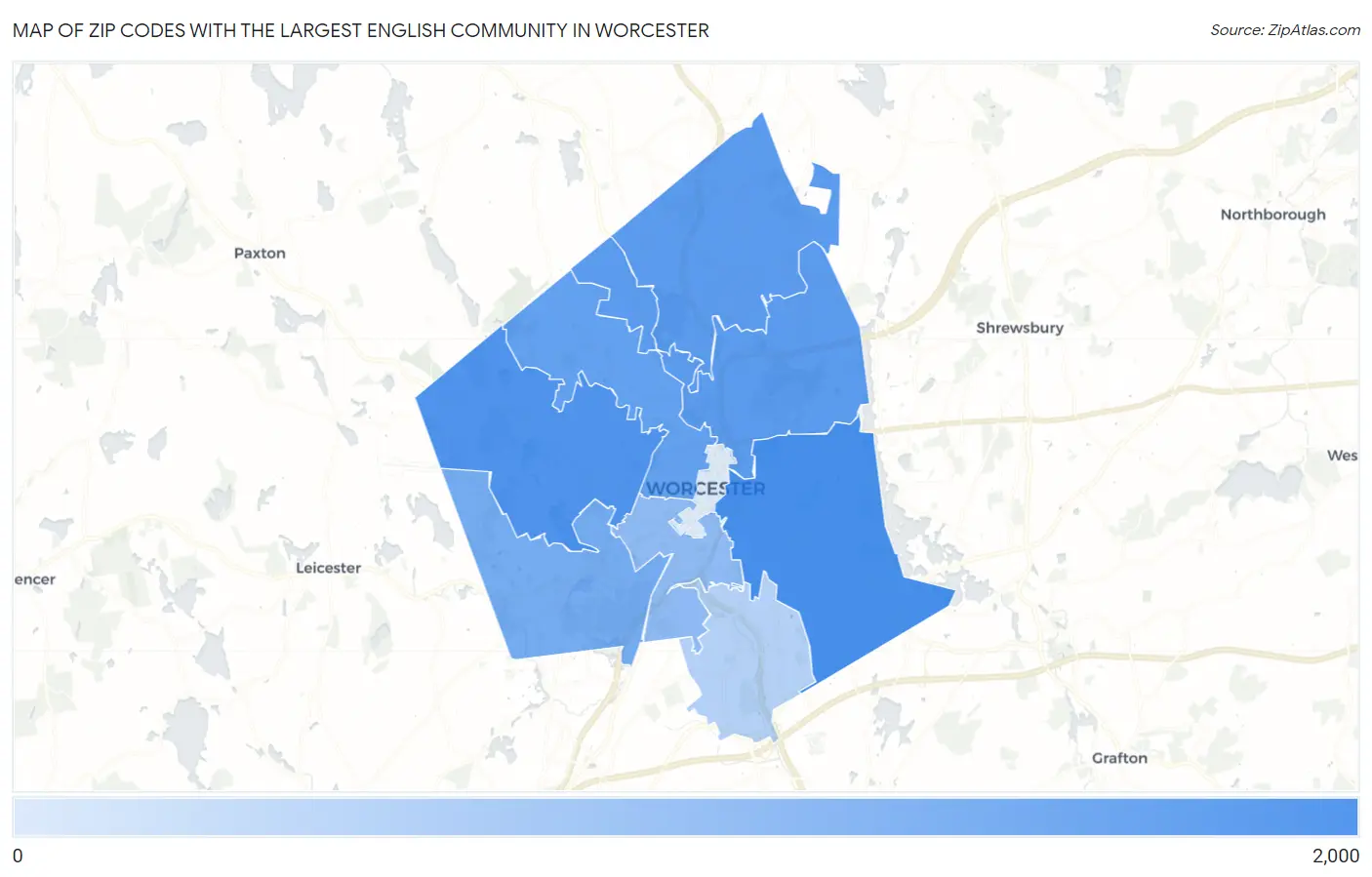 Zip Codes with the Largest English Community in Worcester Map