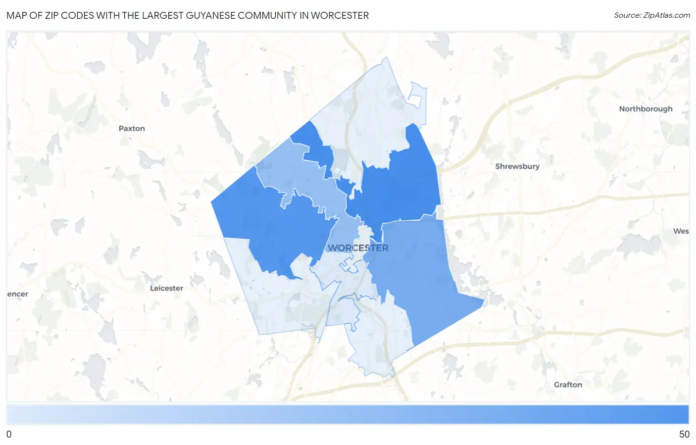 Zip Codes with the Largest Guyanese Community in Worcester Map