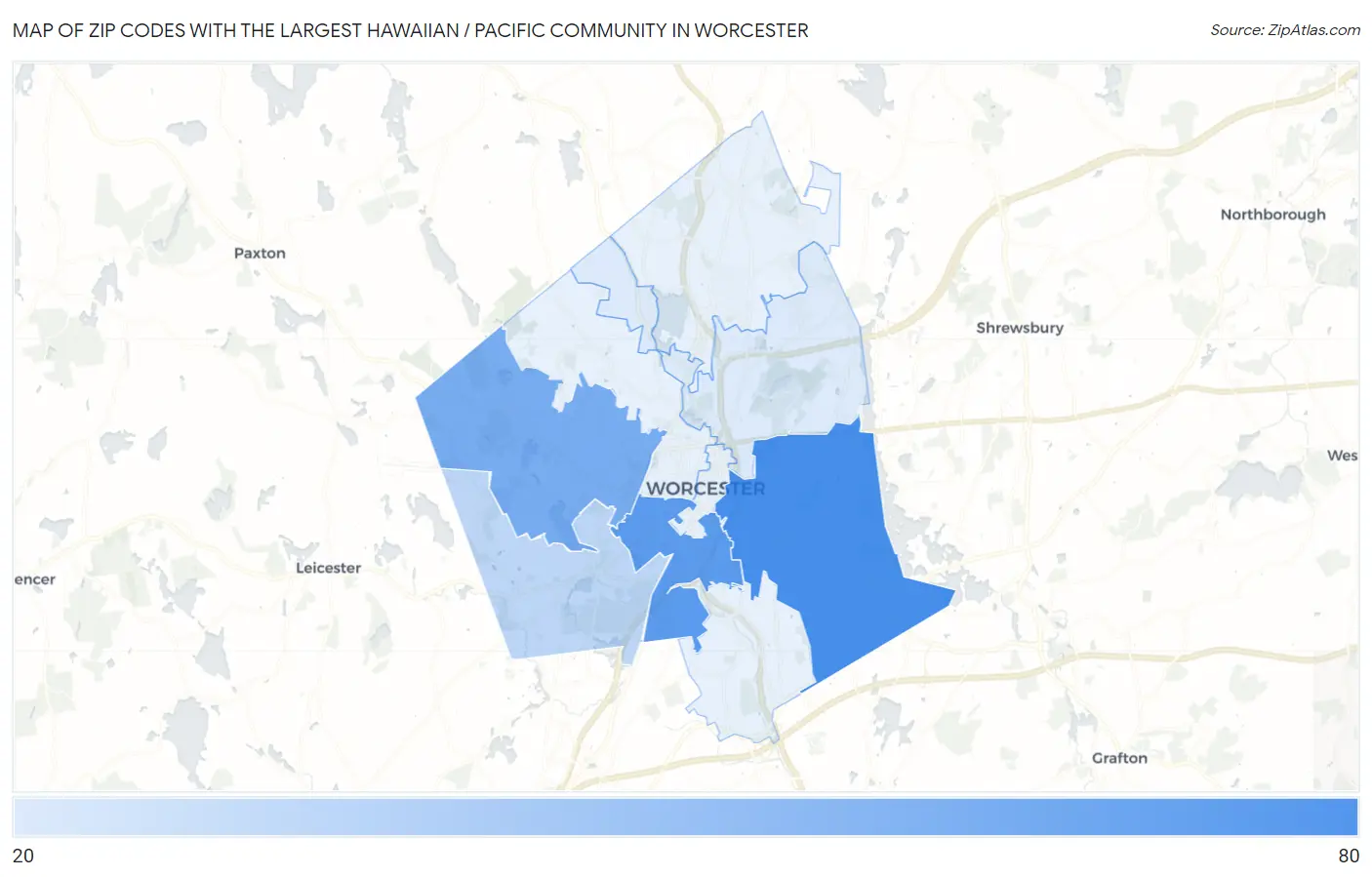 Zip Codes with the Largest Hawaiian / Pacific Community in Worcester Map