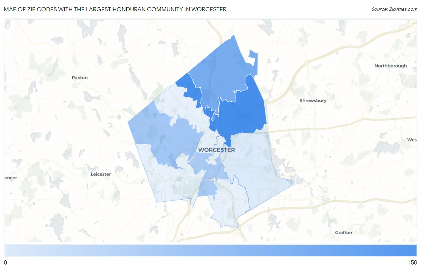 Zip Codes with the Largest Honduran Community in Worcester Map