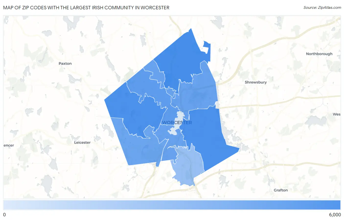 Zip Codes with the Largest Irish Community in Worcester Map