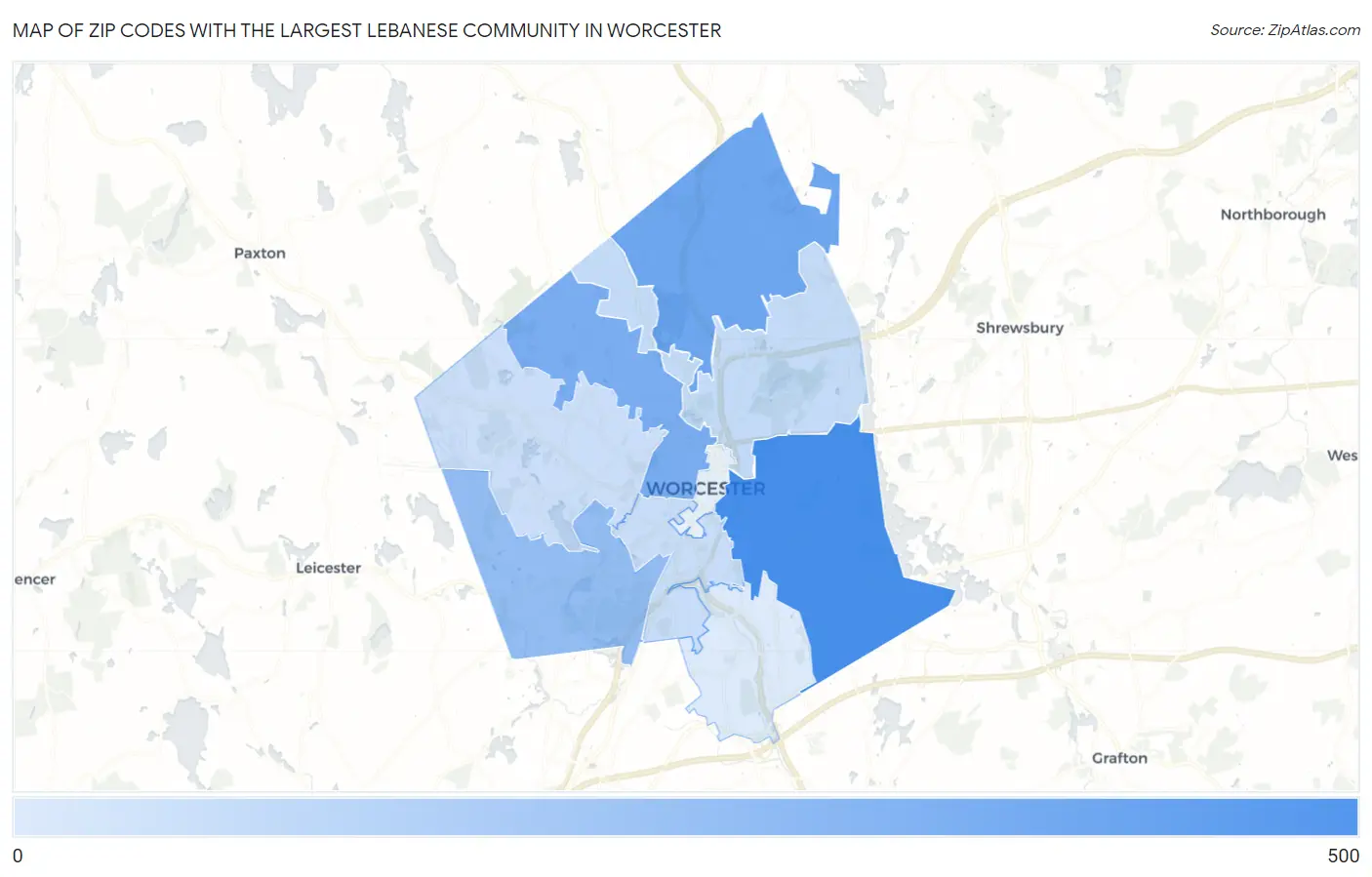 Zip Codes with the Largest Lebanese Community in Worcester Map