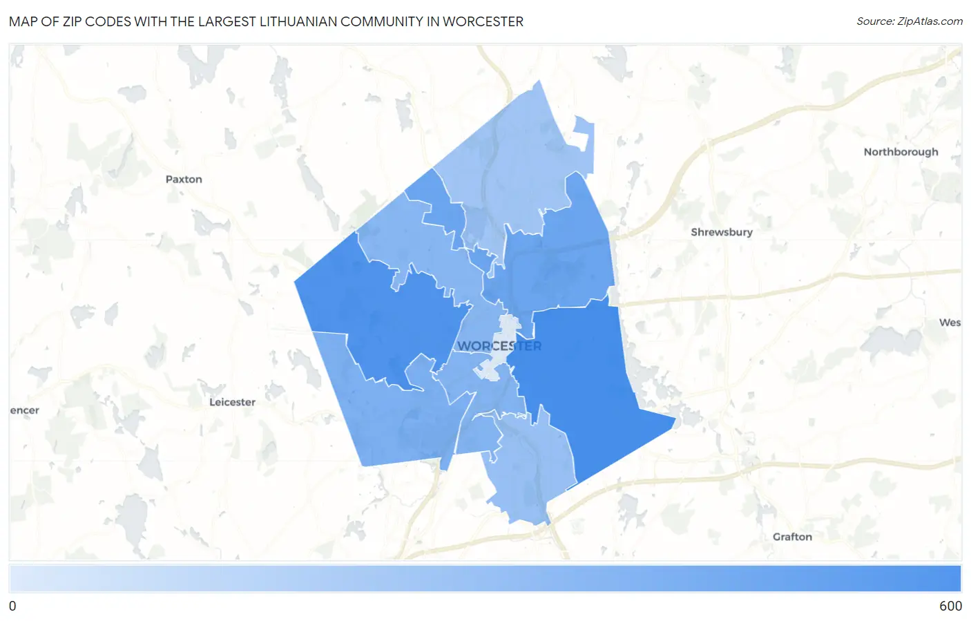 Zip Codes with the Largest Lithuanian Community in Worcester Map