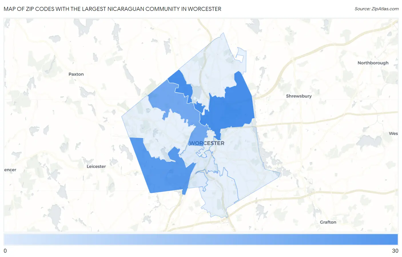 Zip Codes with the Largest Nicaraguan Community in Worcester Map