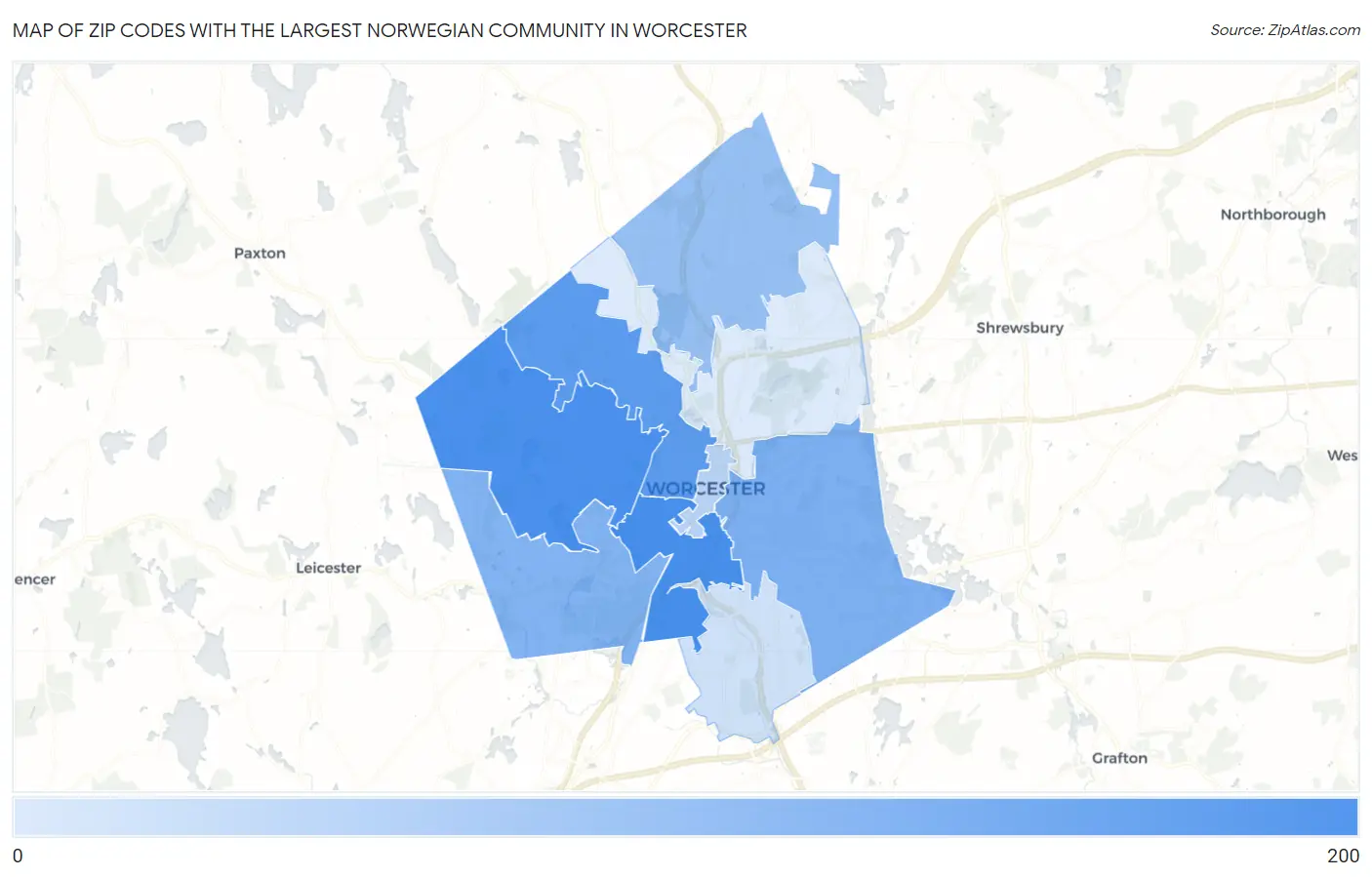 Zip Codes with the Largest Norwegian Community in Worcester Map