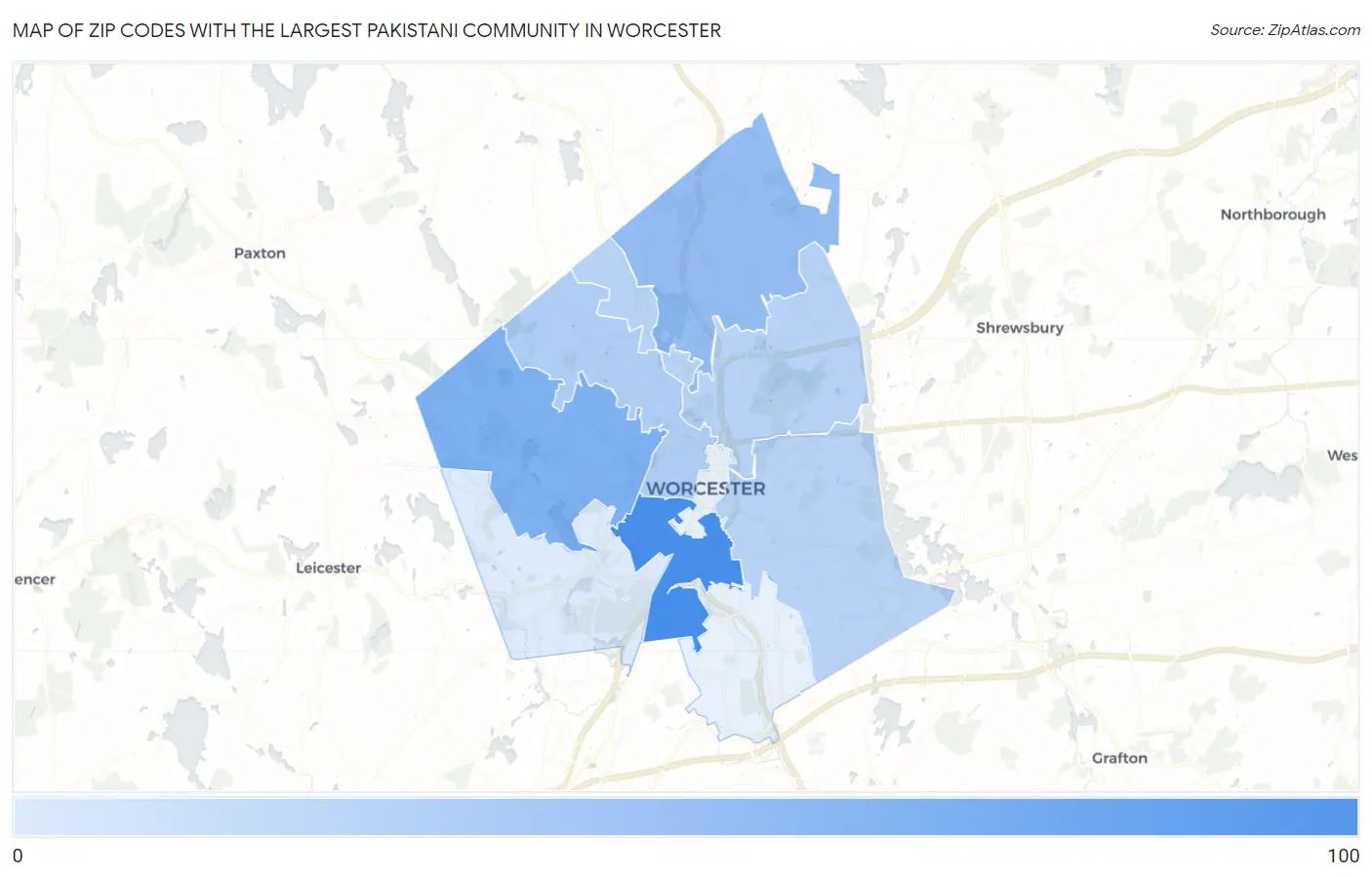 Zip Codes with the Largest Pakistani Community in Worcester Map
