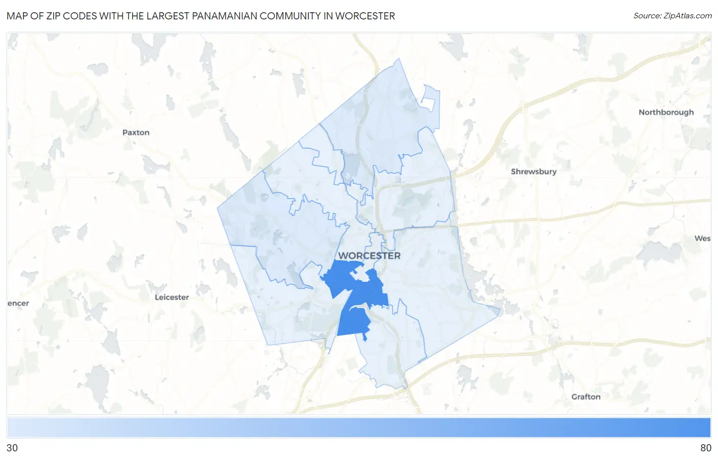 Zip Codes with the Largest Panamanian Community in Worcester Map