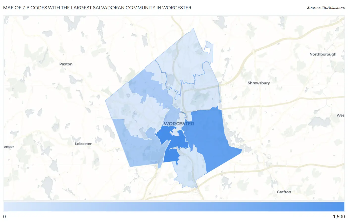 Zip Codes with the Largest Salvadoran Community in Worcester Map