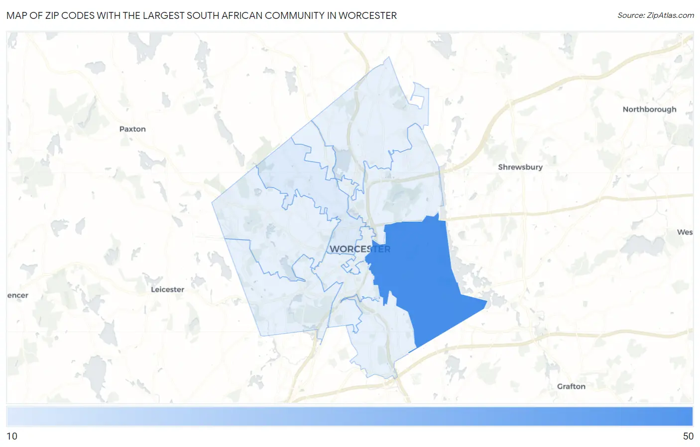 Zip Codes with the Largest South African Community in Worcester Map