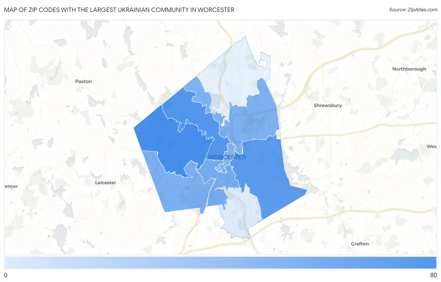Zip Codes with the Largest Ukrainian Community in Worcester Map