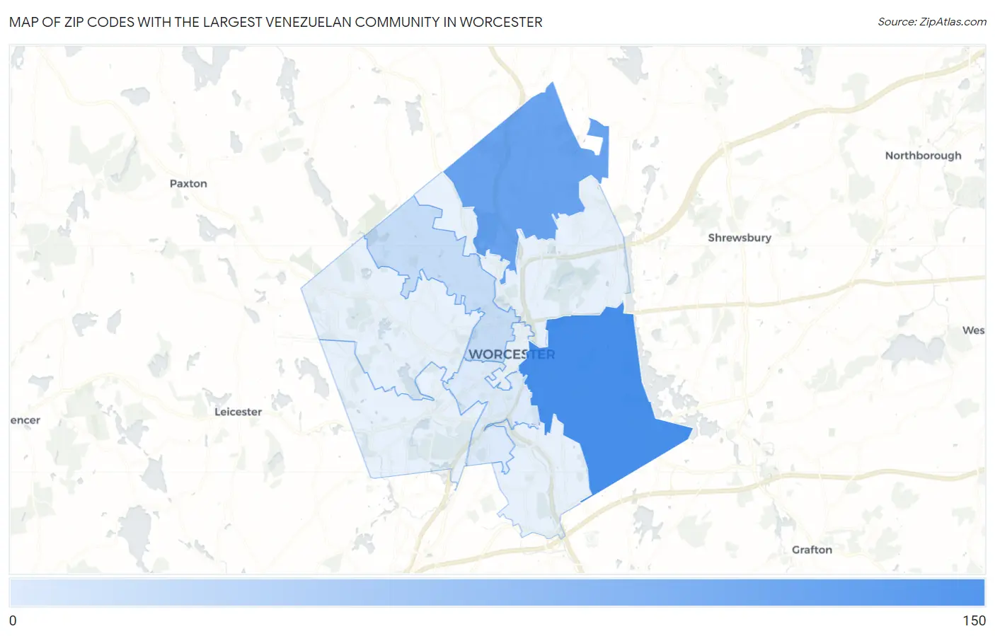 Zip Codes with the Largest Venezuelan Community in Worcester Map