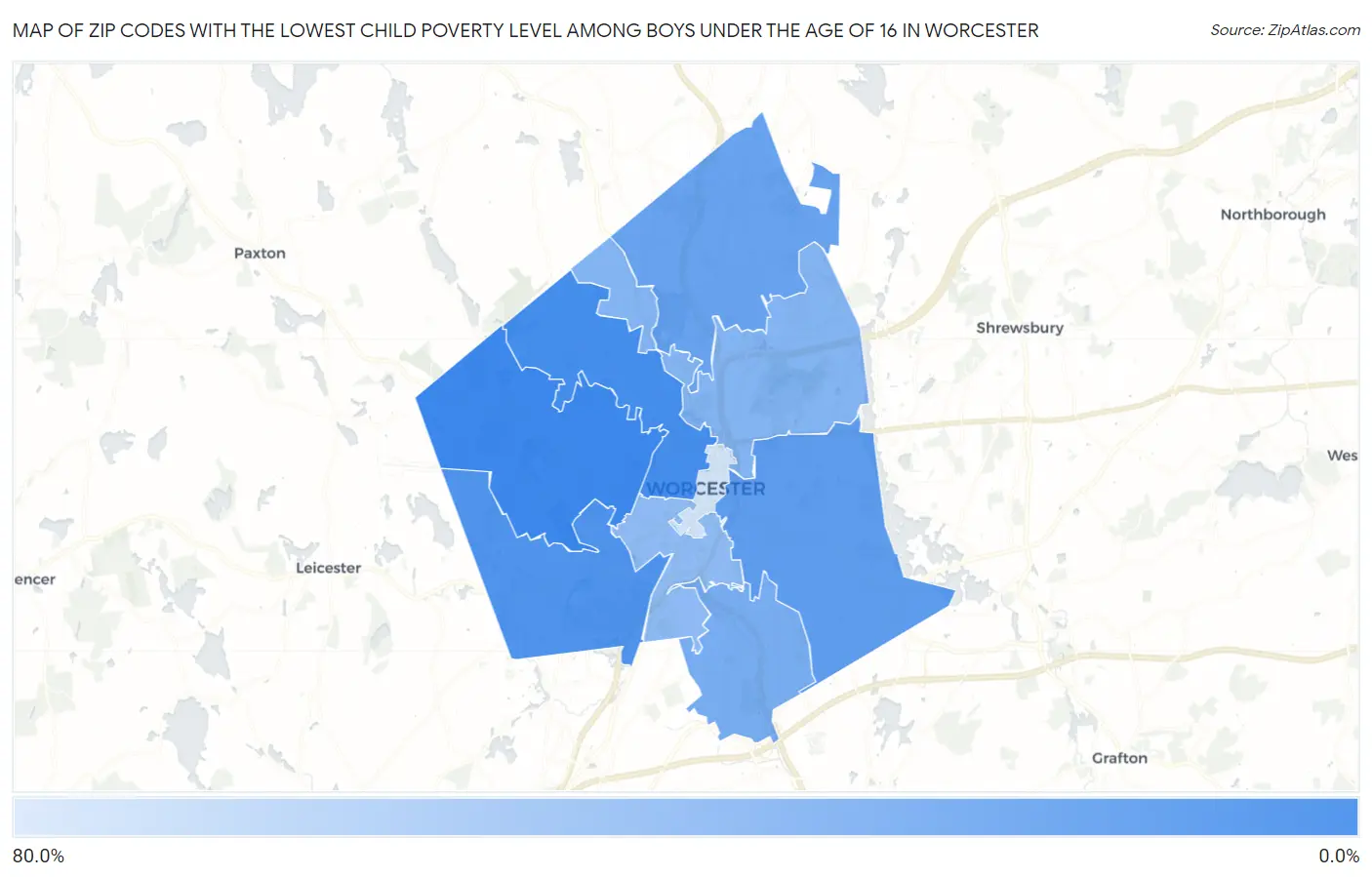Zip Codes with the Lowest Child Poverty Level Among Boys Under the Age of 16 in Worcester Map