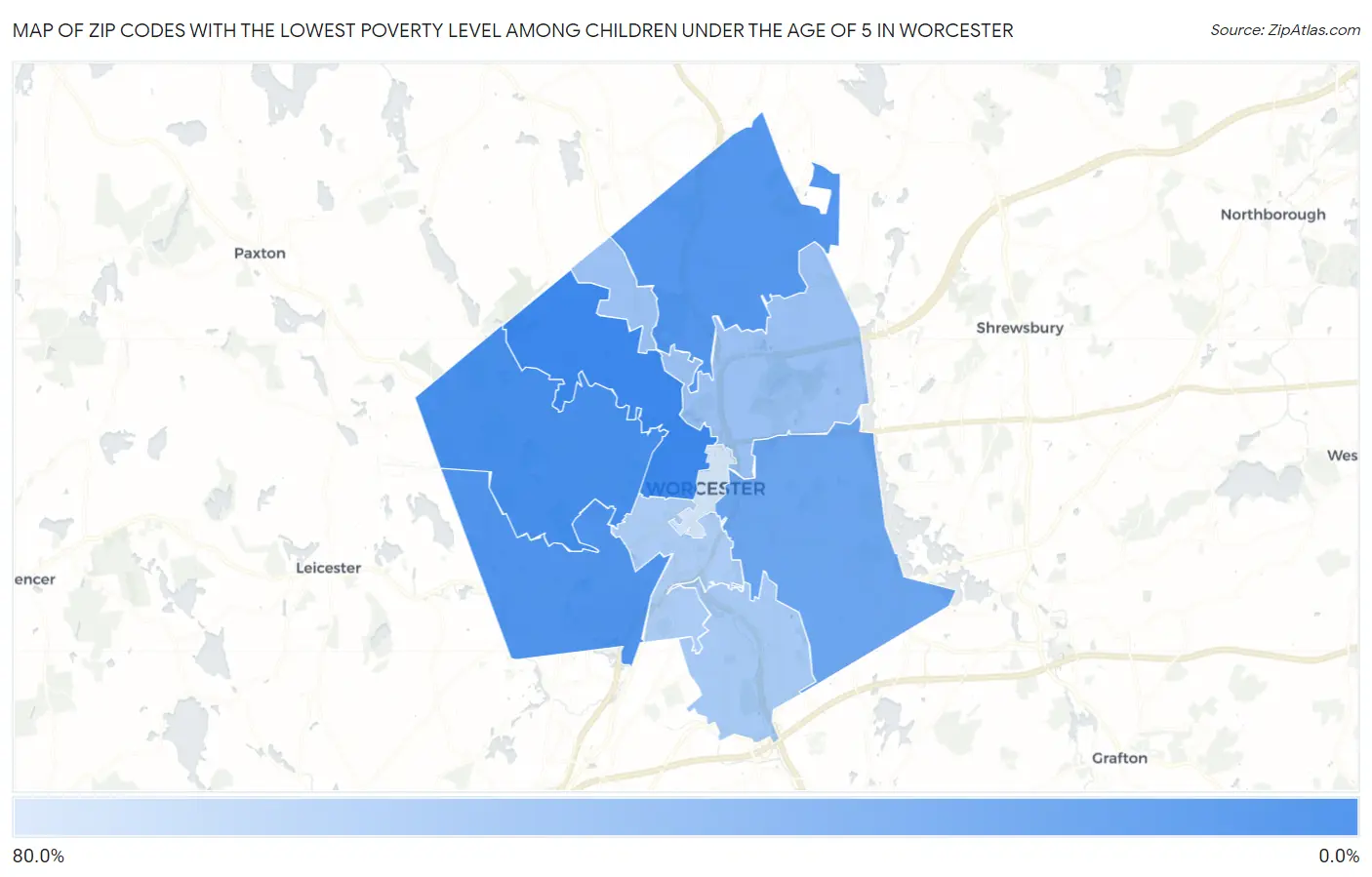Zip Codes with the Lowest Poverty Level Among Children Under the Age of 5 in Worcester Map