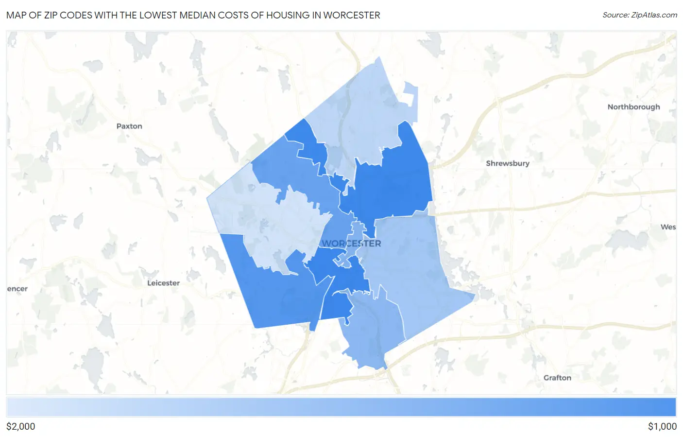 Zip Codes with the Lowest Median Costs of Housing in Worcester Map