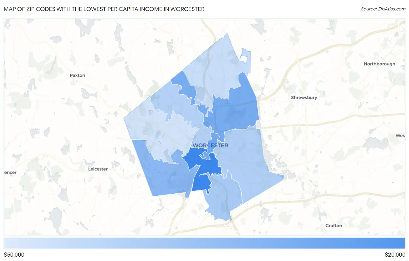 Zip Codes with the Lowest Per Capita Income in Worcester Map
