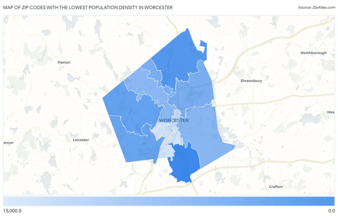 Zip Codes with the Lowest Population Density in Worcester Map