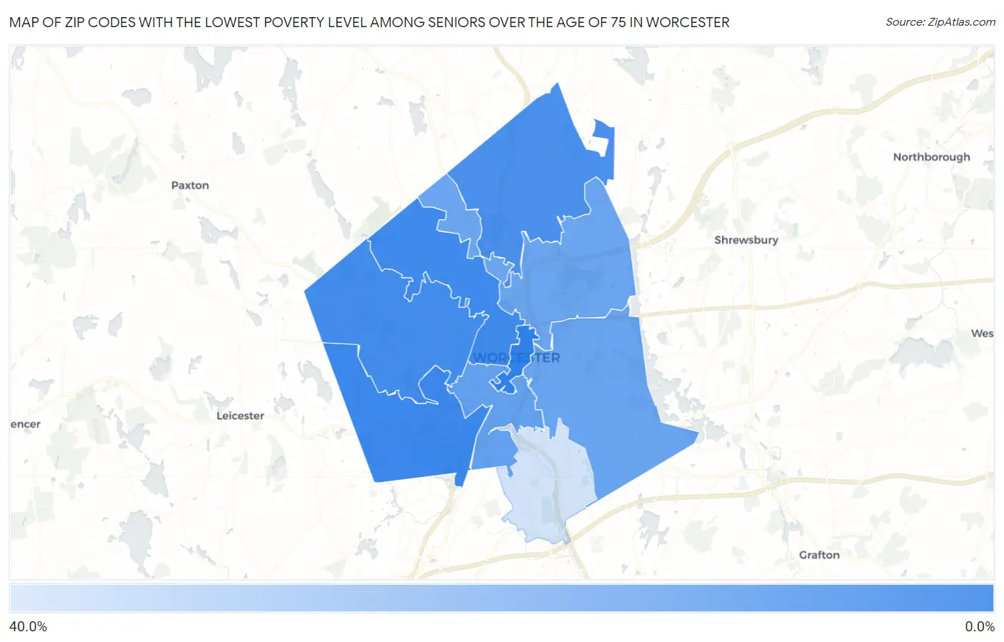Zip Codes with the Lowest Poverty Level Among Seniors Over the Age of 75 in Worcester Map