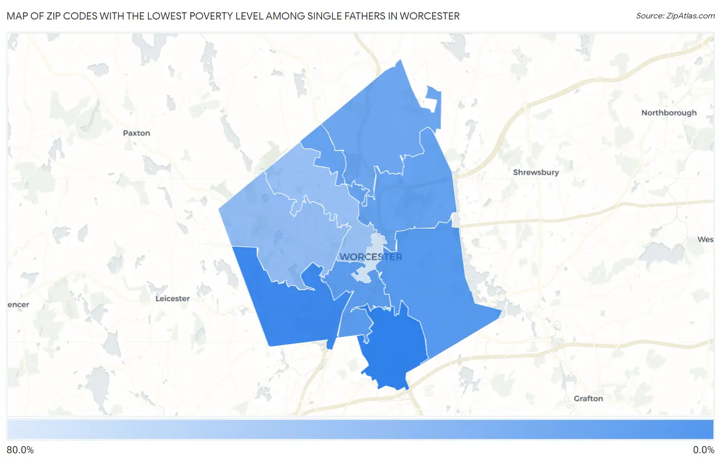 Zip Codes with the Lowest Poverty Level Among Single Fathers in Worcester Map