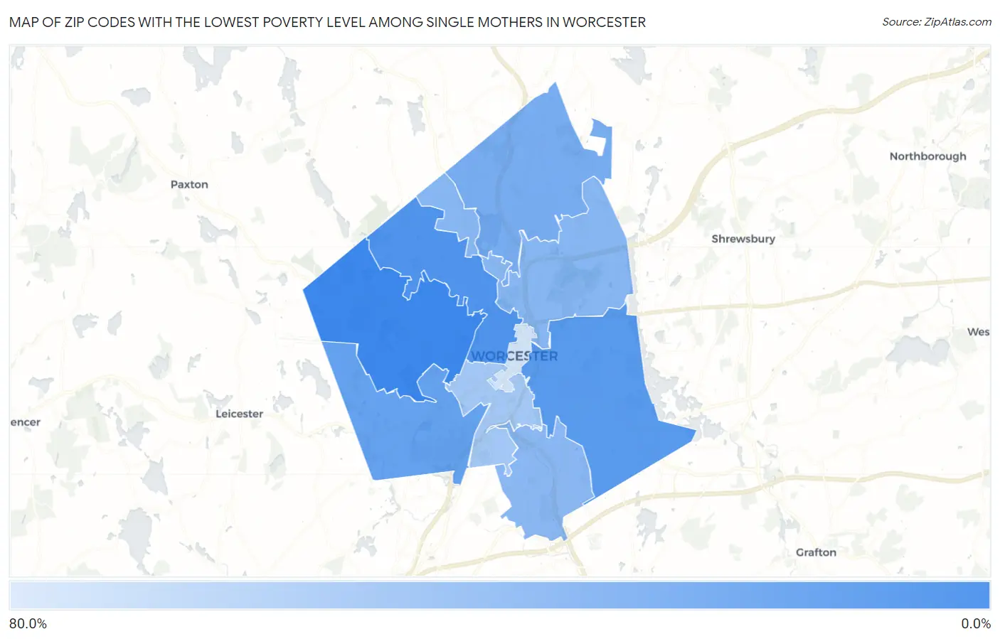 Zip Codes with the Lowest Poverty Level Among Single Mothers in Worcester Map