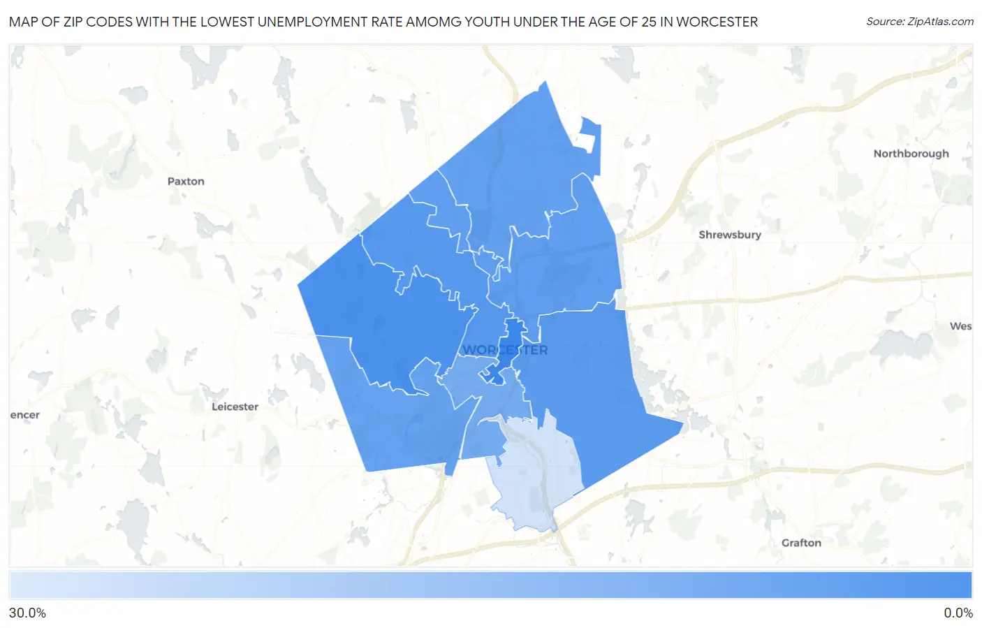 Zip Codes with the Lowest Unemployment Rate Amomg Youth Under the Age of 25 in Worcester Map