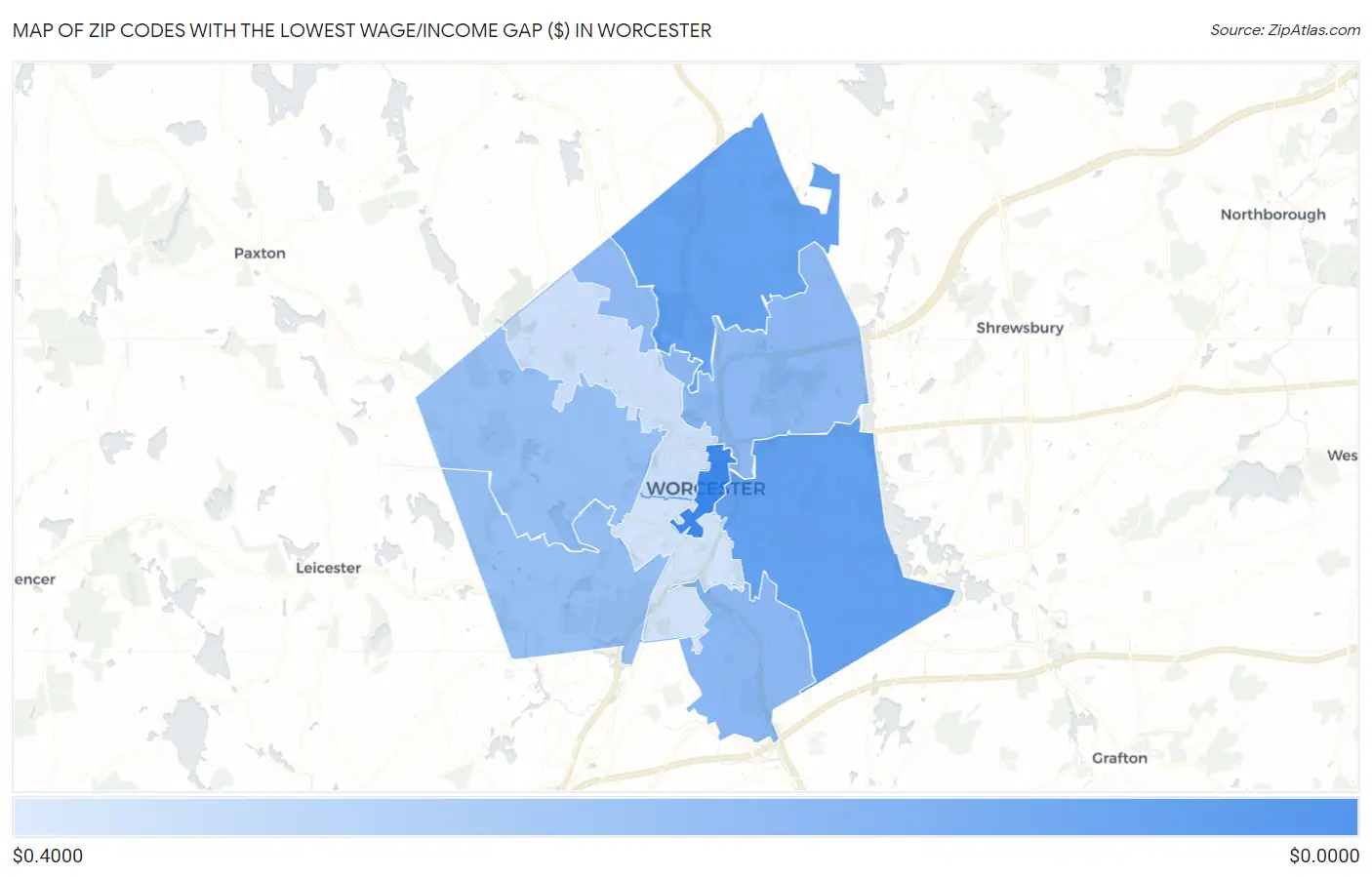 Zip Codes with the Lowest Wage/Income Gap ($) in Worcester Map