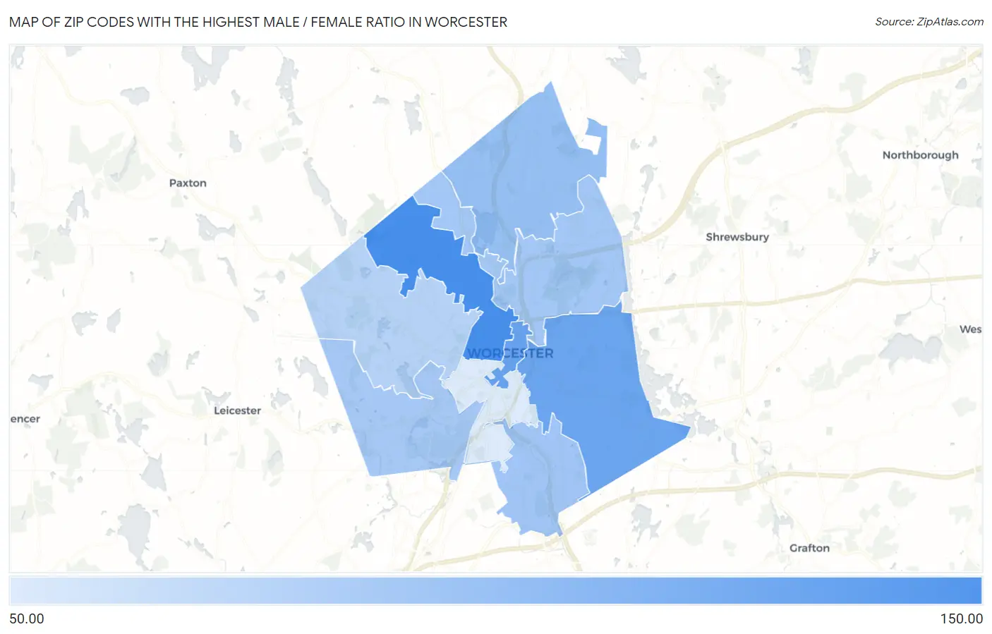 Zip Codes with the Highest Male / Female Ratio in Worcester Map