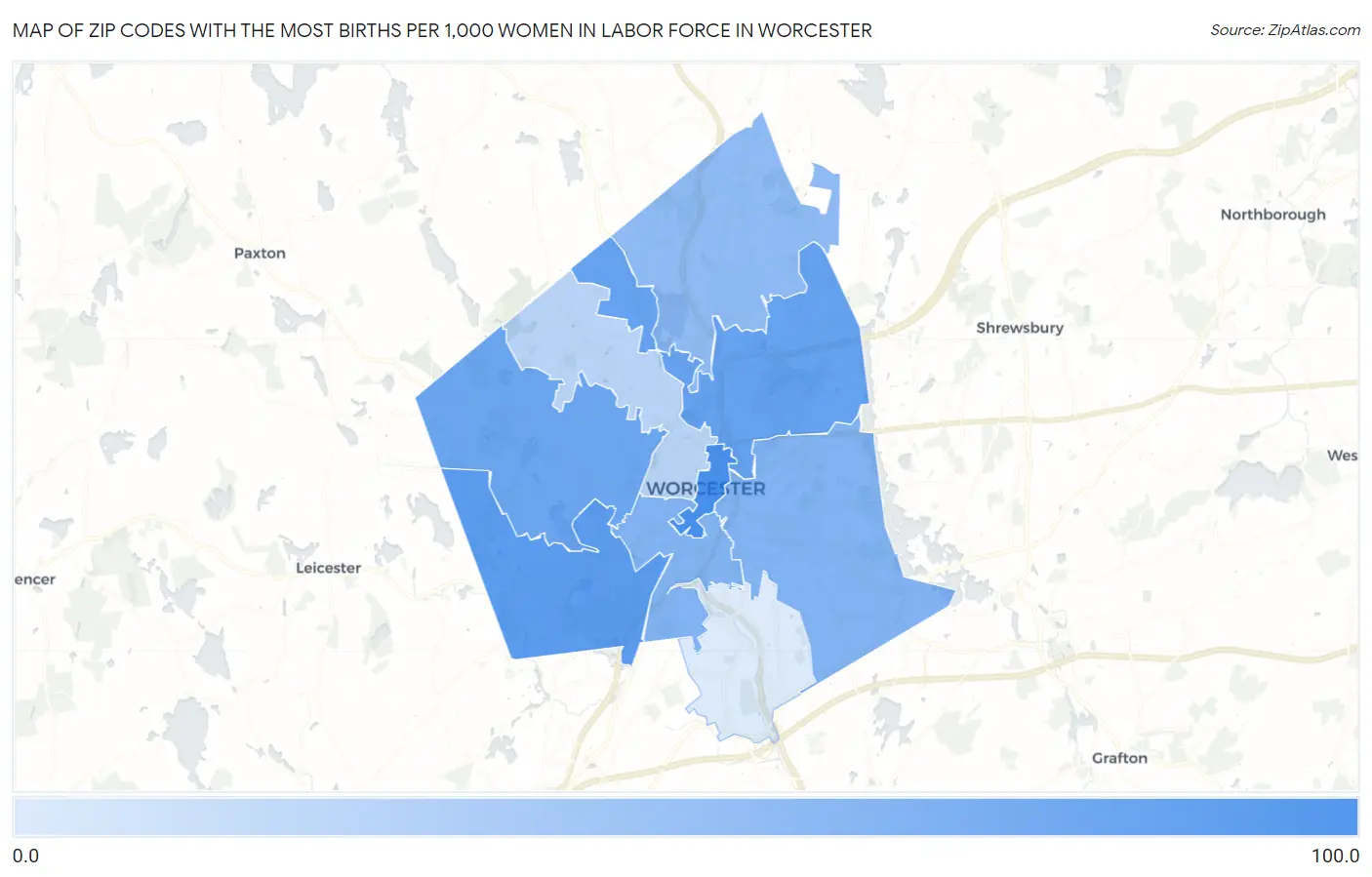 Zip Codes with the Most Births per 1,000 Women in Labor Force in Worcester Map