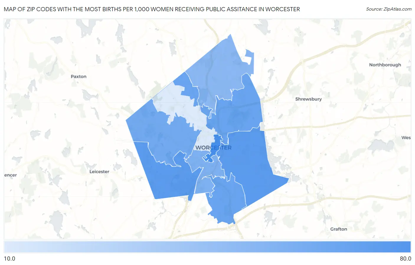 Zip Codes with the Most Births per 1,000 Women Receiving Public Assitance in Worcester Map
