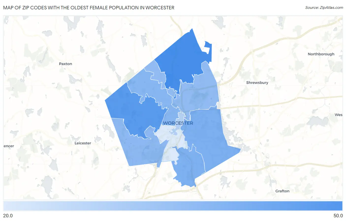 Zip Codes with the Oldest Female Population in Worcester Map