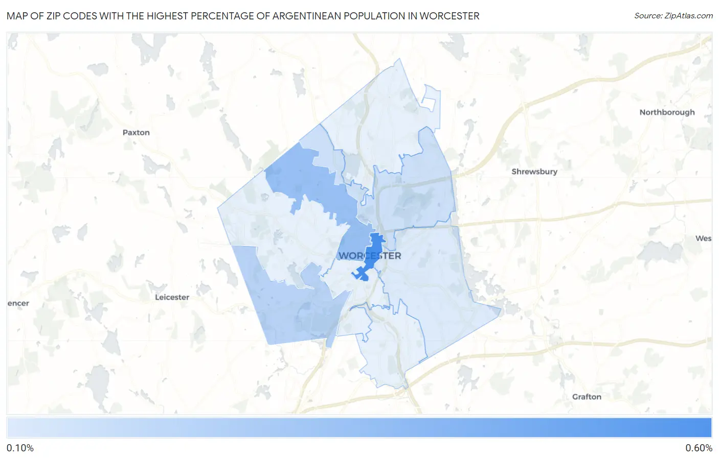 Zip Codes with the Highest Percentage of Argentinean Population in Worcester Map