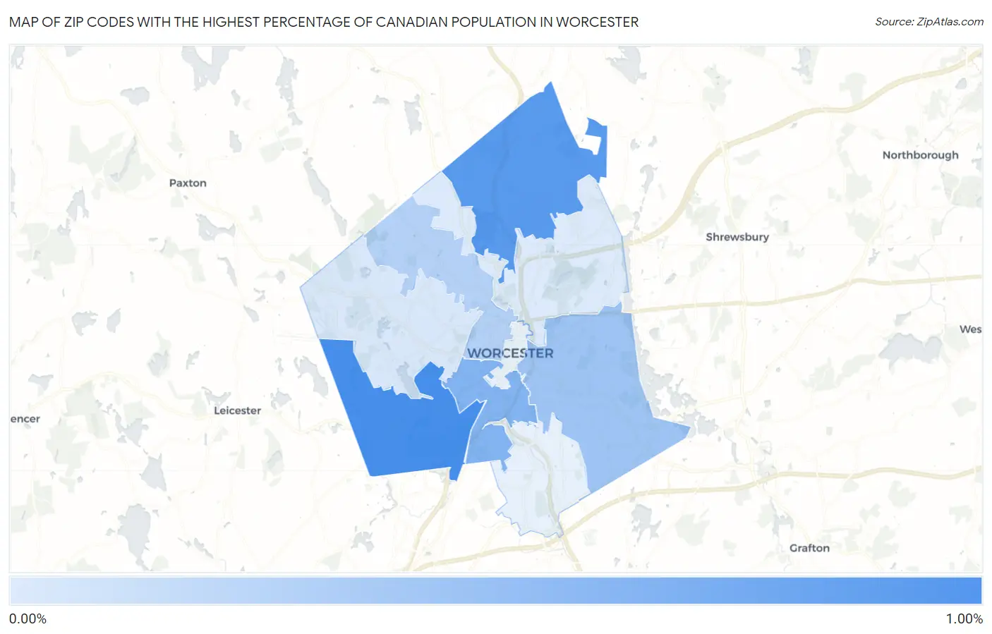 Zip Codes with the Highest Percentage of Canadian Population in Worcester Map