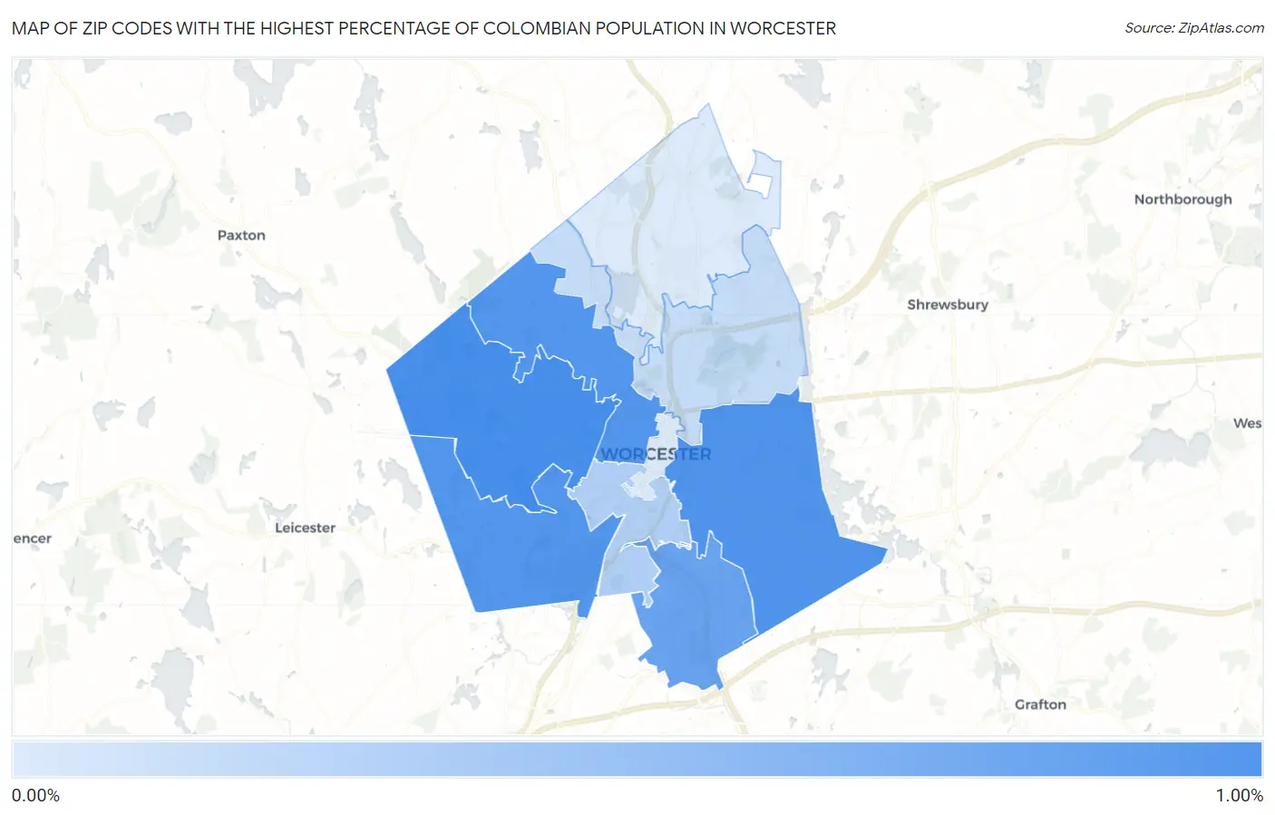 Zip Codes with the Highest Percentage of Colombian Population in Worcester Map