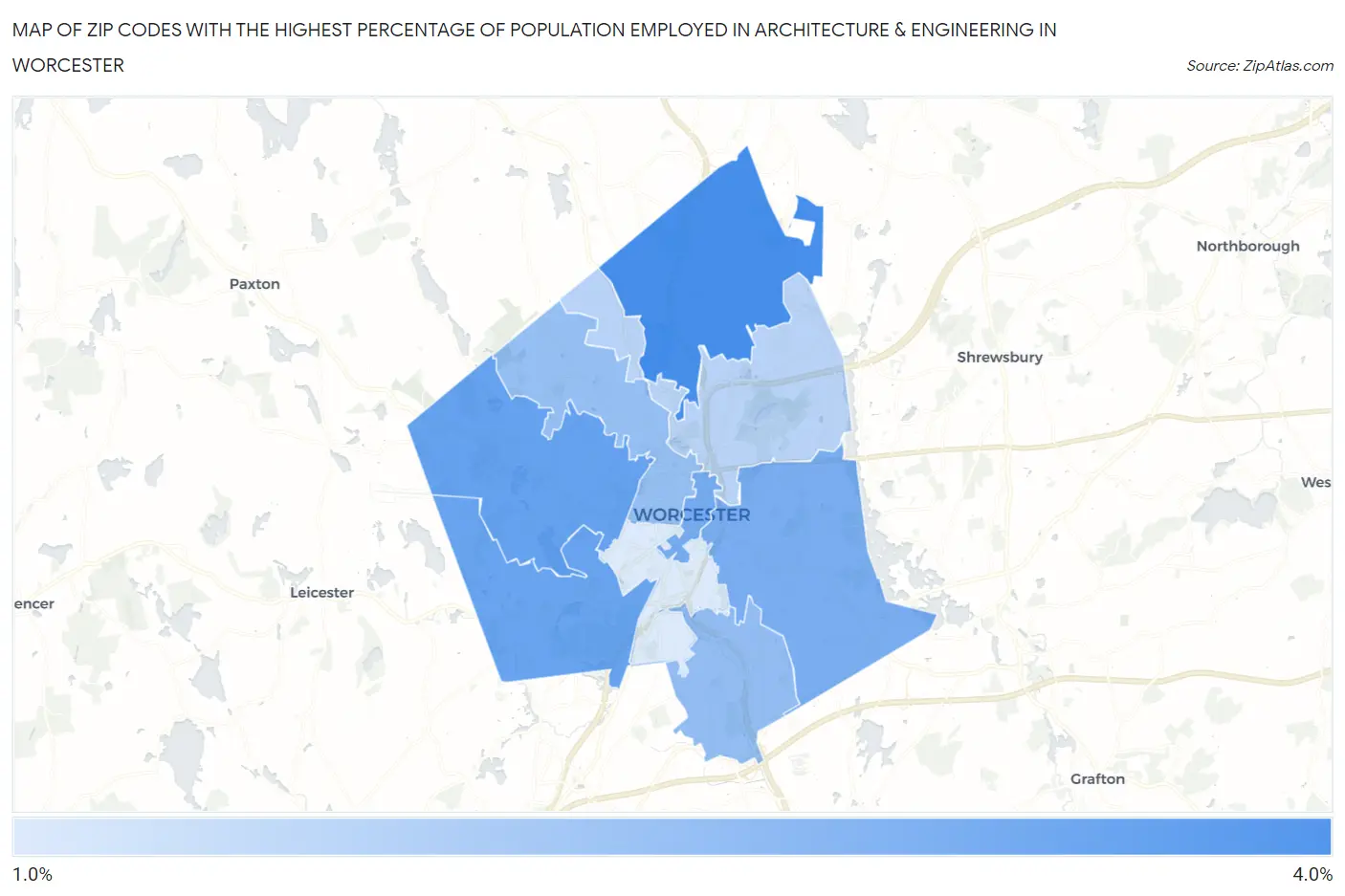Zip Codes with the Highest Percentage of Population Employed in Architecture & Engineering in Worcester Map