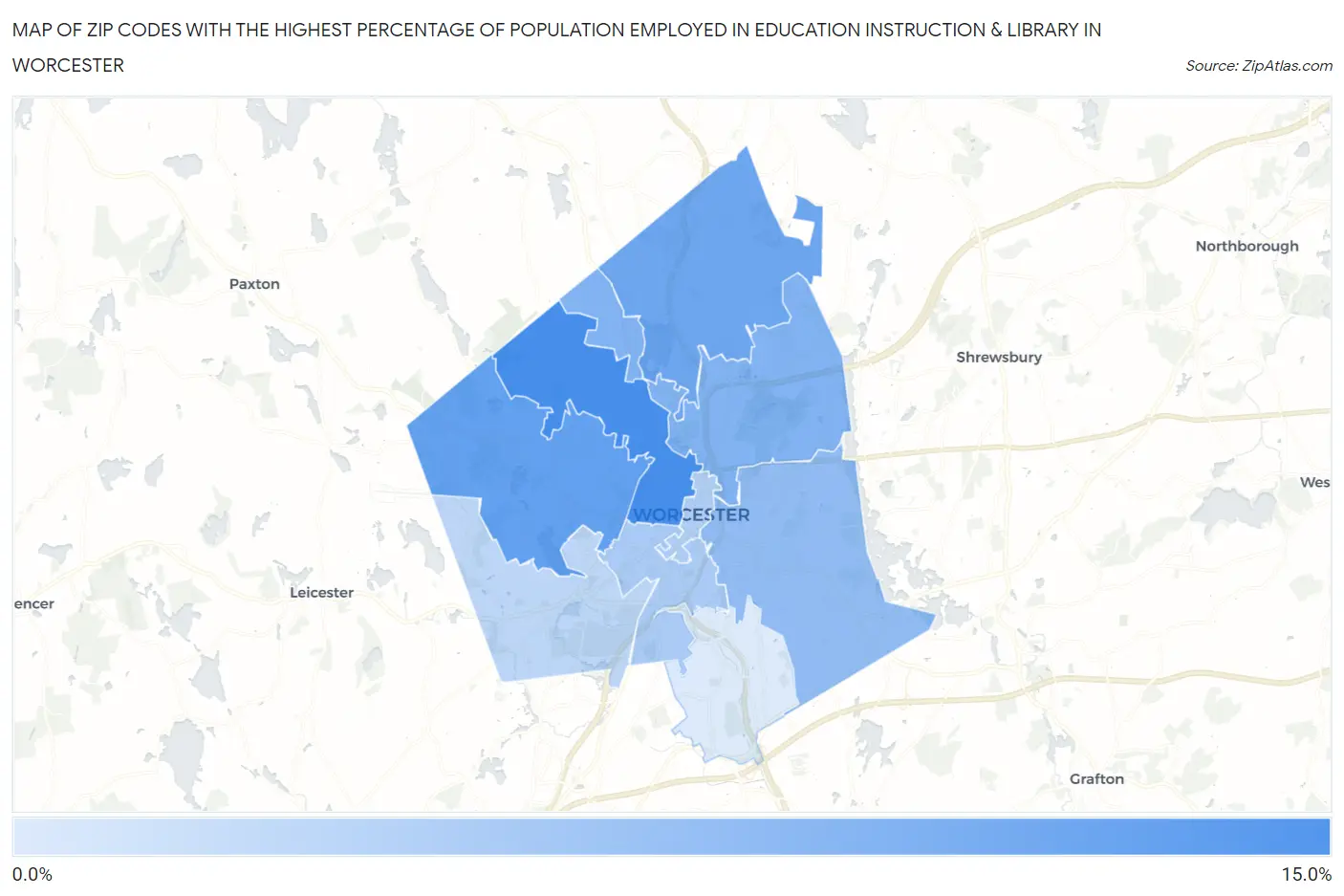 Zip Codes with the Highest Percentage of Population Employed in Education Instruction & Library in Worcester Map