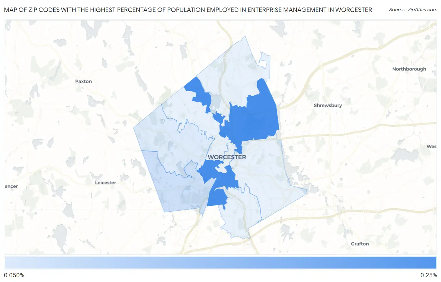 Zip Codes with the Highest Percentage of Population Employed in Enterprise Management in Worcester Map