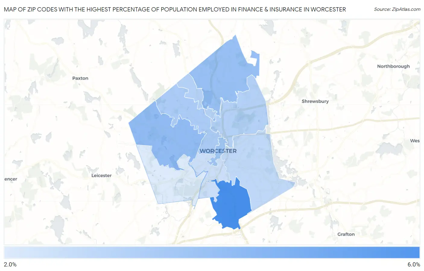 Zip Codes with the Highest Percentage of Population Employed in Finance & Insurance in Worcester Map
