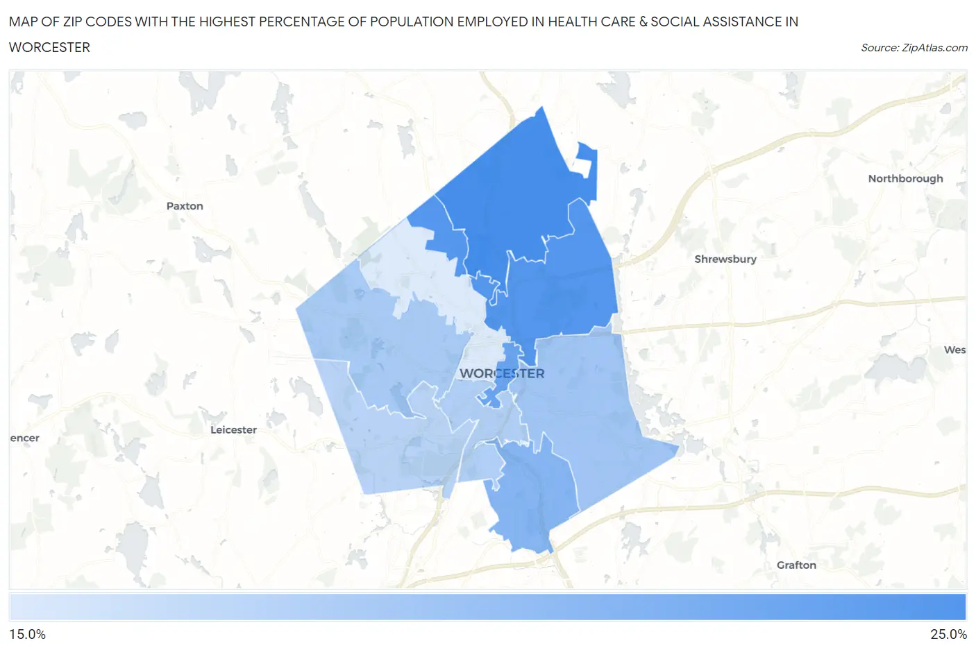 Zip Codes with the Highest Percentage of Population Employed in Health Care & Social Assistance in Worcester Map