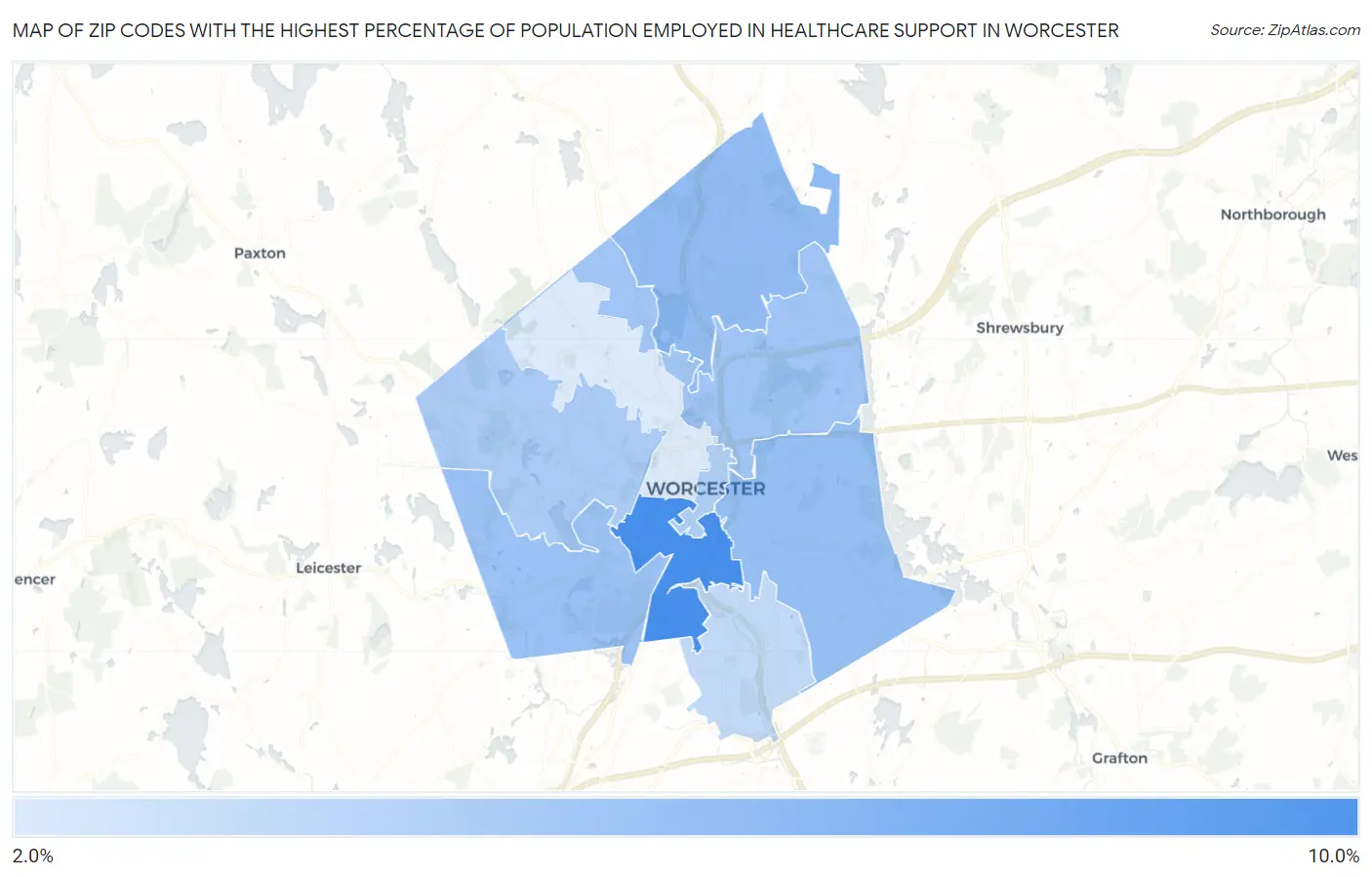 Zip Codes with the Highest Percentage of Population Employed in Healthcare Support in Worcester Map