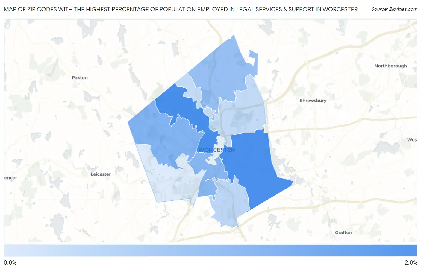 Zip Codes with the Highest Percentage of Population Employed in Legal Services & Support in Worcester Map