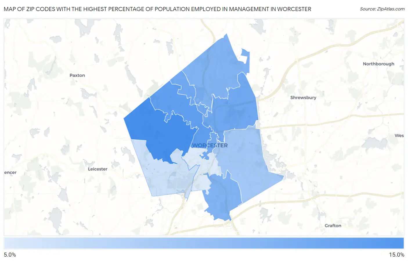 Zip Codes with the Highest Percentage of Population Employed in Management in Worcester Map