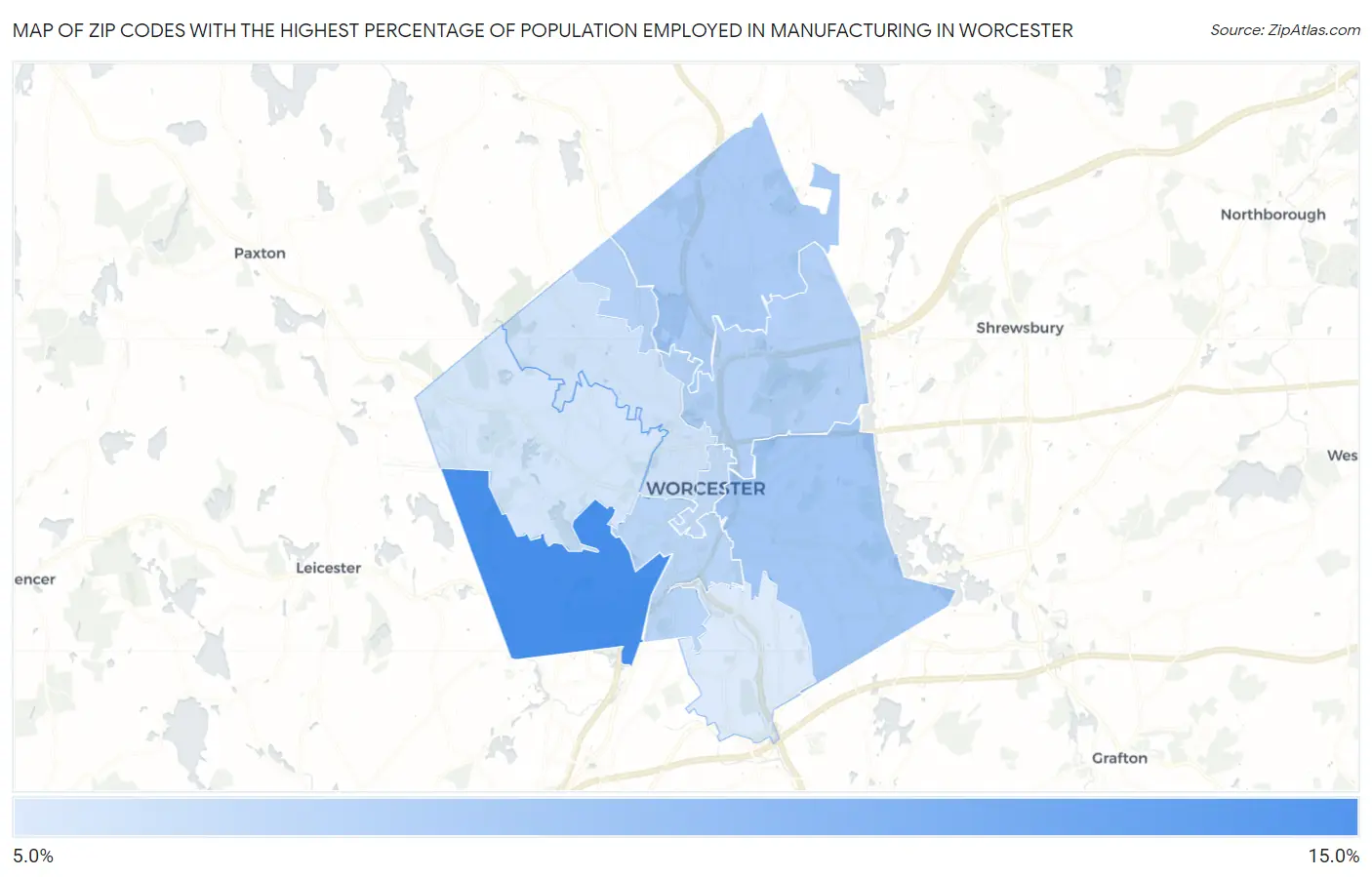 Zip Codes with the Highest Percentage of Population Employed in Manufacturing in Worcester Map