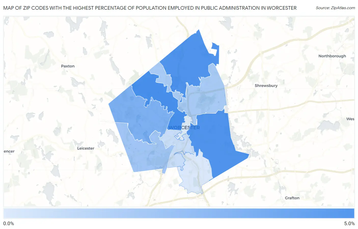 Zip Codes with the Highest Percentage of Population Employed in Public Administration in Worcester Map
