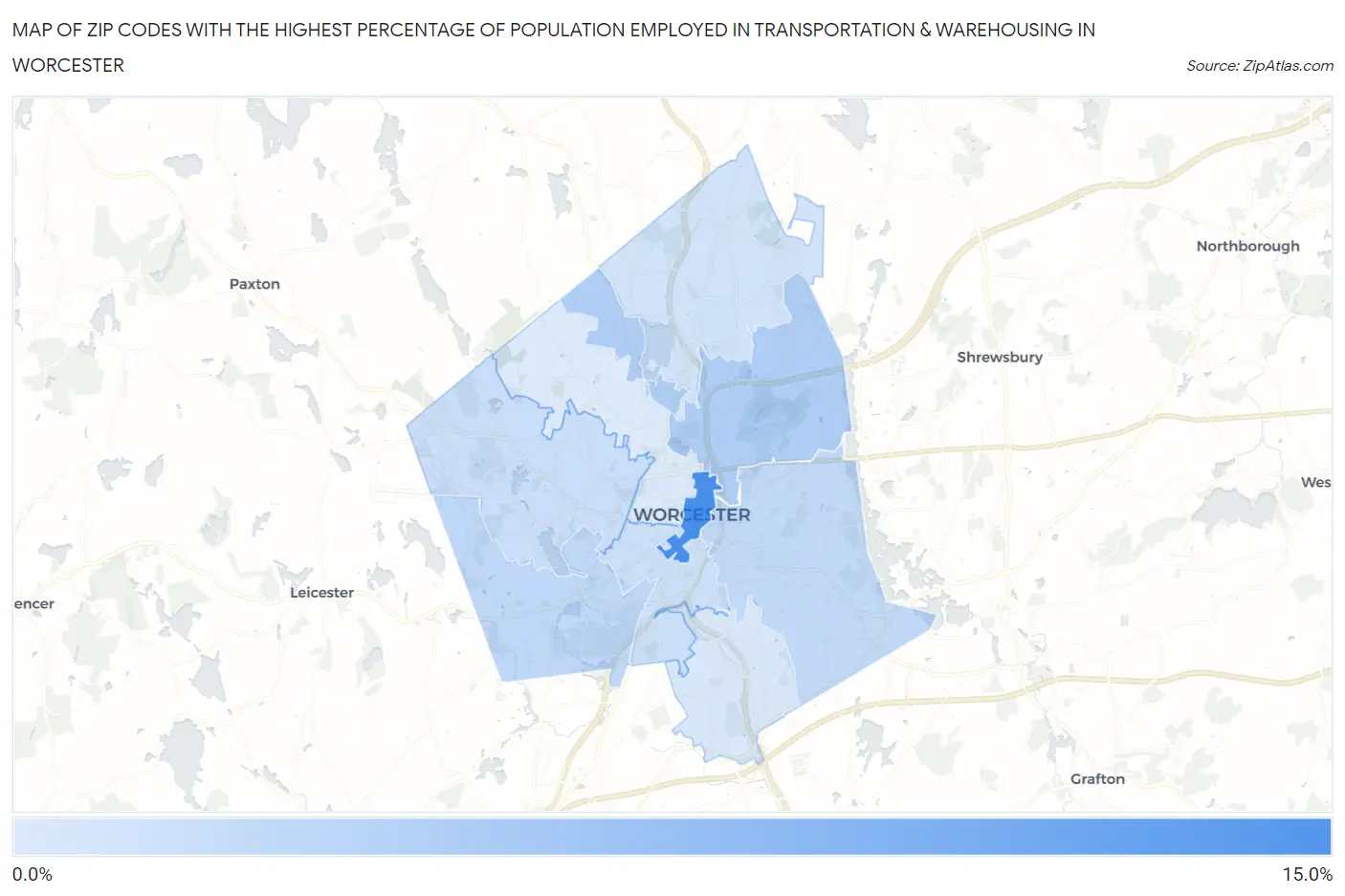 Zip Codes with the Highest Percentage of Population Employed in Transportation & Warehousing in Worcester Map