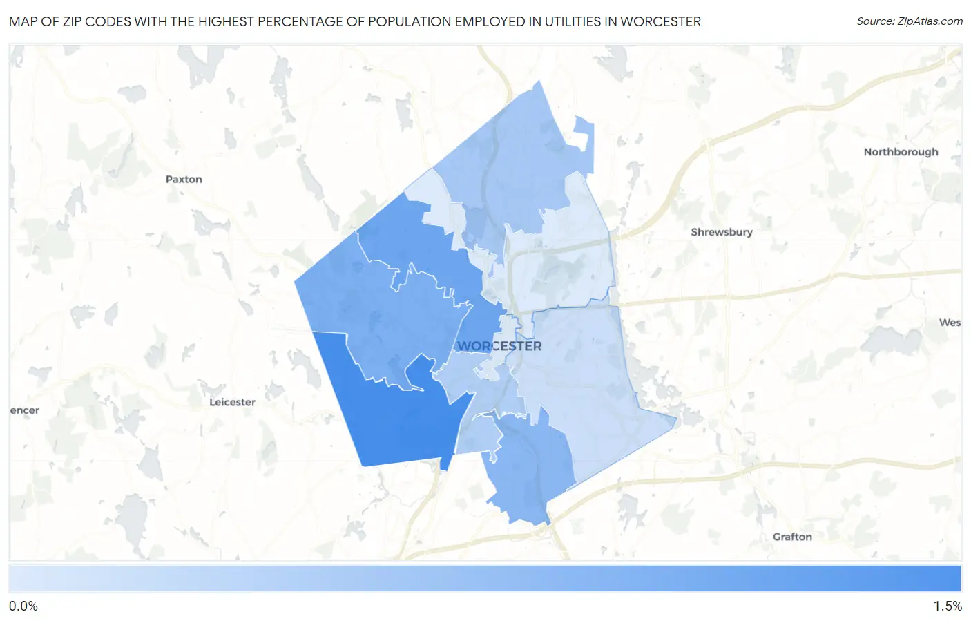 Zip Codes with the Highest Percentage of Population Employed in Utilities in Worcester Map