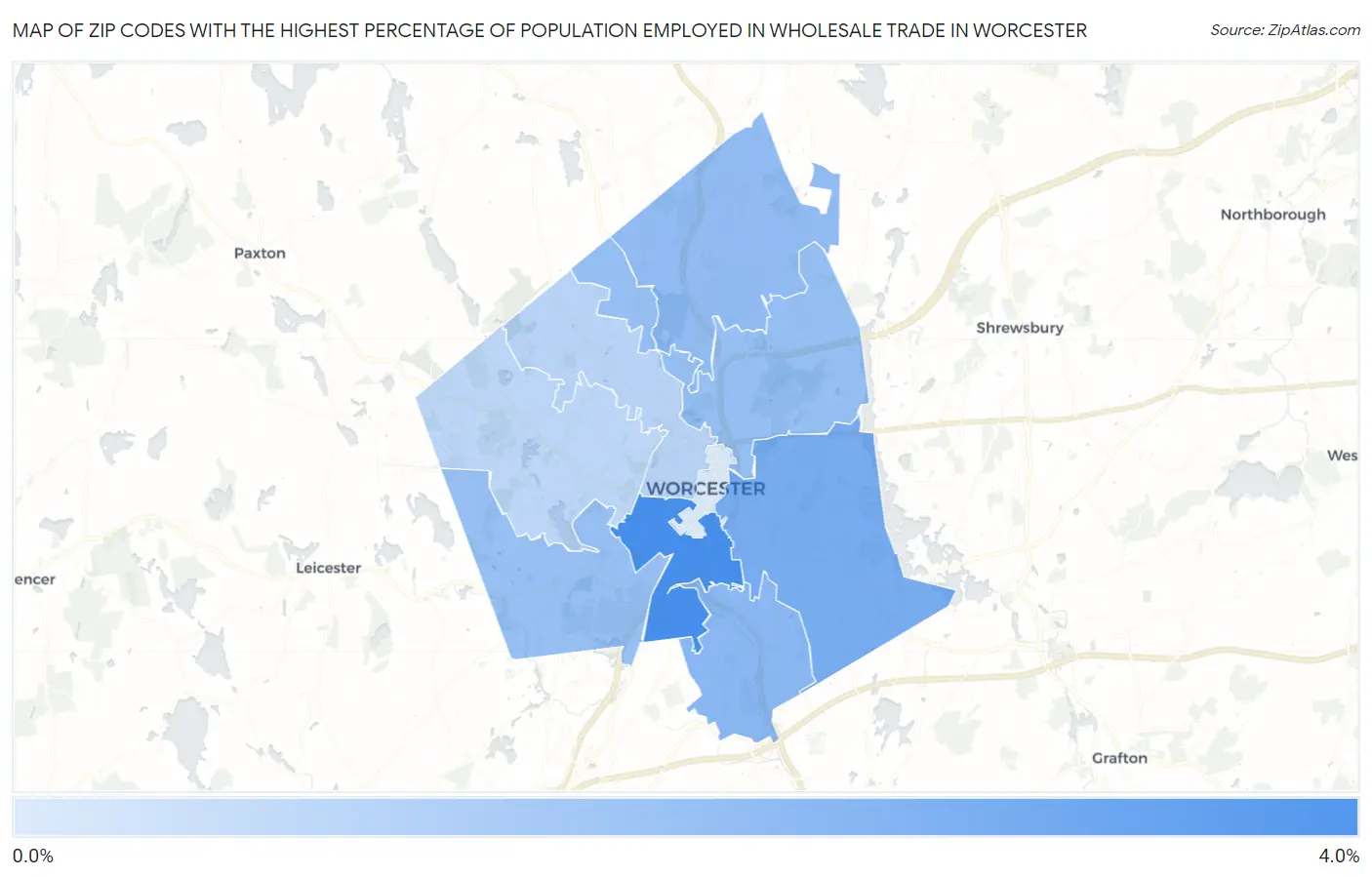 Zip Codes with the Highest Percentage of Population Employed in Wholesale Trade in Worcester Map